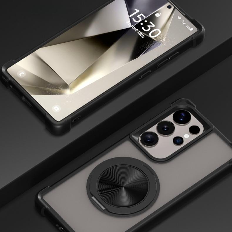 Four Corner Shockproof Slim PC Strong Magnetic Phone Case with 360 Rotating Metal Kickstand For Samsung S25Ultra S25Plus S25 Matte Skin Feel Bumper Shockproof Hard Full Cover