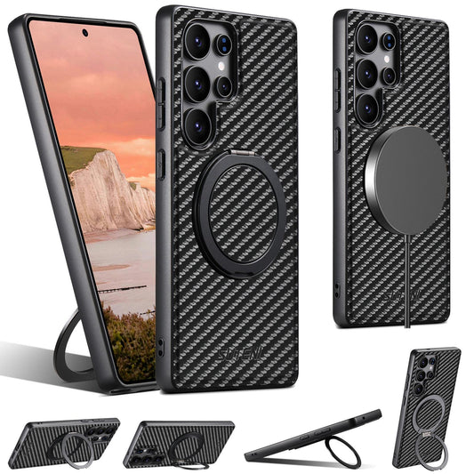 For Samsung S25 S24 S23 S22 Ultra Plus Phone Case, Smooth Surface Carbon Fiber Pattern Leather Metal Kickstand Shockproof Support Wireless Charging Hard Phone Case