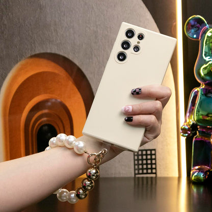 Liquid Silicone Matte Shockproof Phone Case with Pearl Metal Wristband For iPhone 16 15 14 13 12 11 XR XSMax X/XS Camera Protect Soft Cover