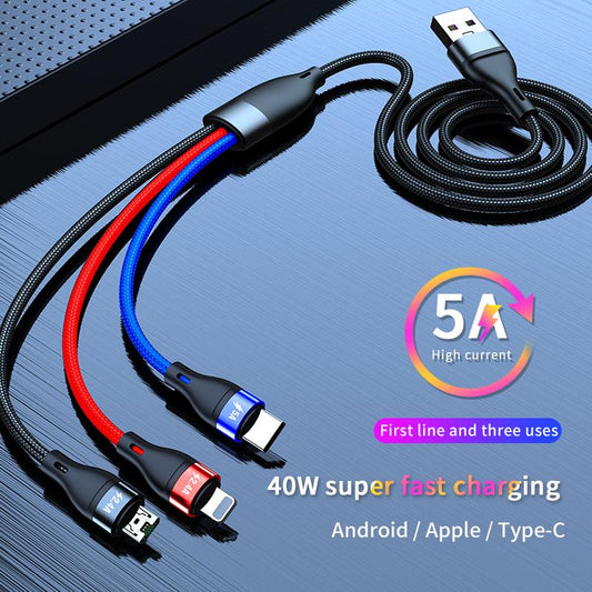 1.2m/2m 3in1 Tricolor Quick Charge Cable Fast Charging Aluminum Alloy + 3 Color Braided Wire TypeC Micro USB Type-C+ip+Micro Line 1.2m