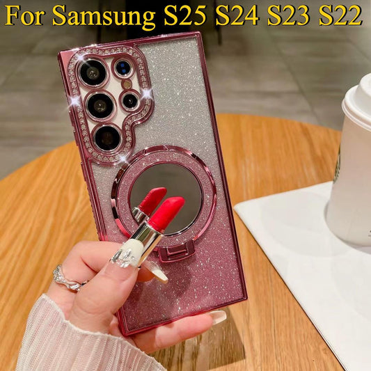 For Samsung S25Ultra S25 S24 S23 S22 Plus Ultra Case, Gradient Rhinestone Mirror Kickstand Glitter Luxury Elegant Plating Case Camera Protection Shockproof Hard Cover