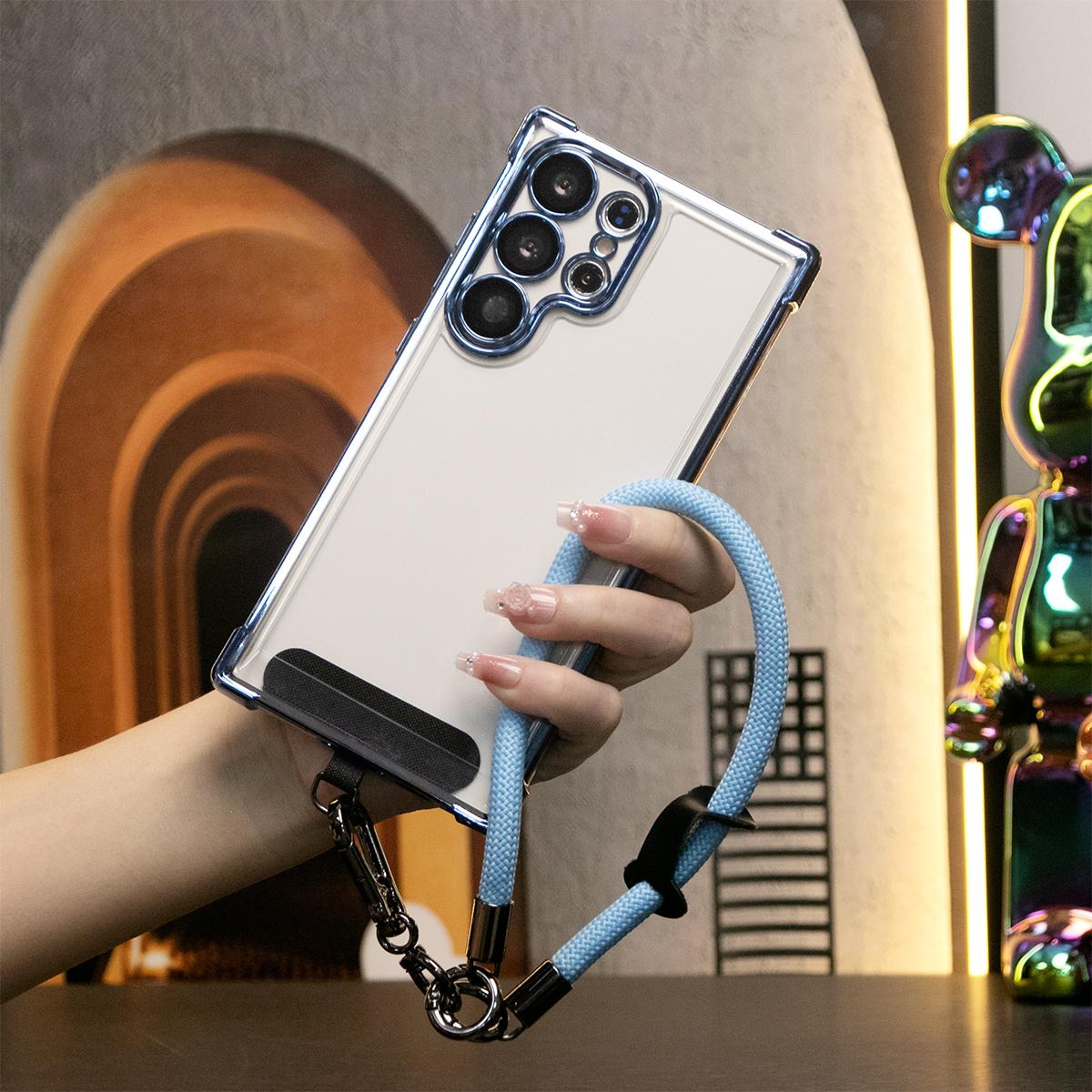Electroplated Four Corners Anti-fall Transparent Hard PC Phone Case With Multifunctional Wristband For Samsung S25Ultra S25 S24FE S24Ultra S24 S22 S21 Note20, Full Cover with Camera Protector