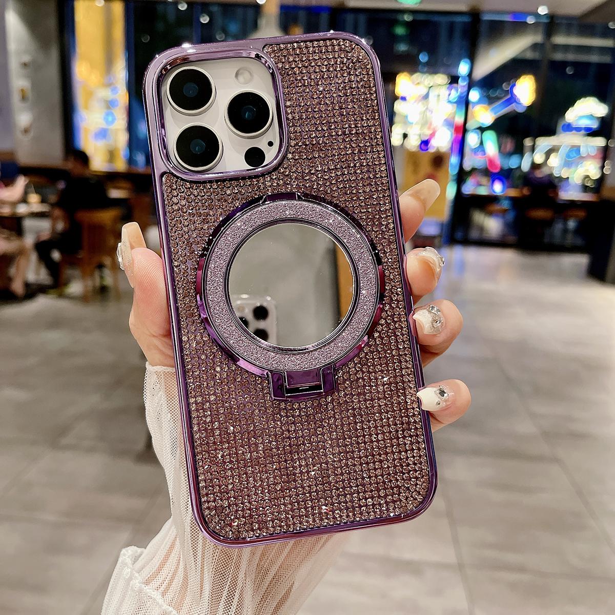 Bling Rhinestone Plating Diamonds Magnetic Wireless Charging Phone Case With Luxury Glitter Mirror Magnetic Kickstand For Samsung S24 S23 S22 Shockproof Protection Soft Bumper Cover