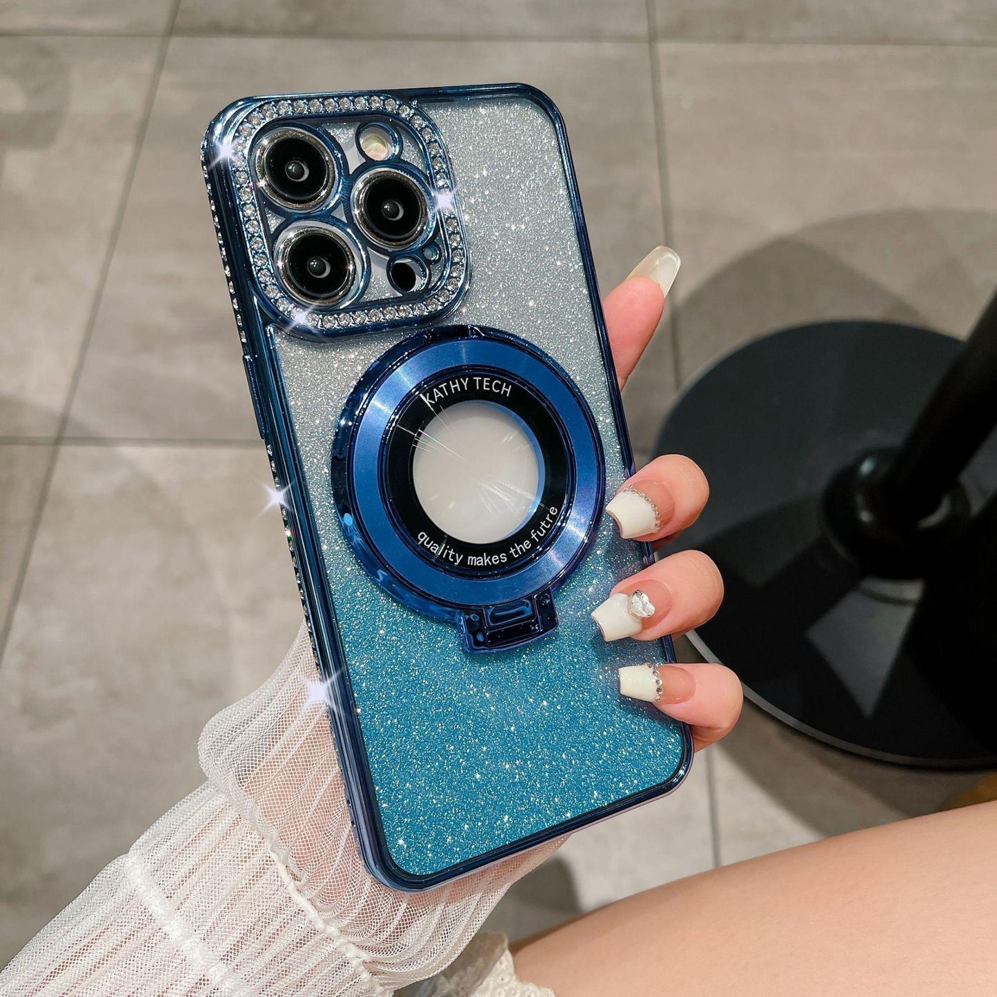 Glitter Gradient Plating Rhinestone TPU Phone Case with Kickstand For iPhone 16ProMax 15 14 13 12 11 Shockproof Soft Full Cover