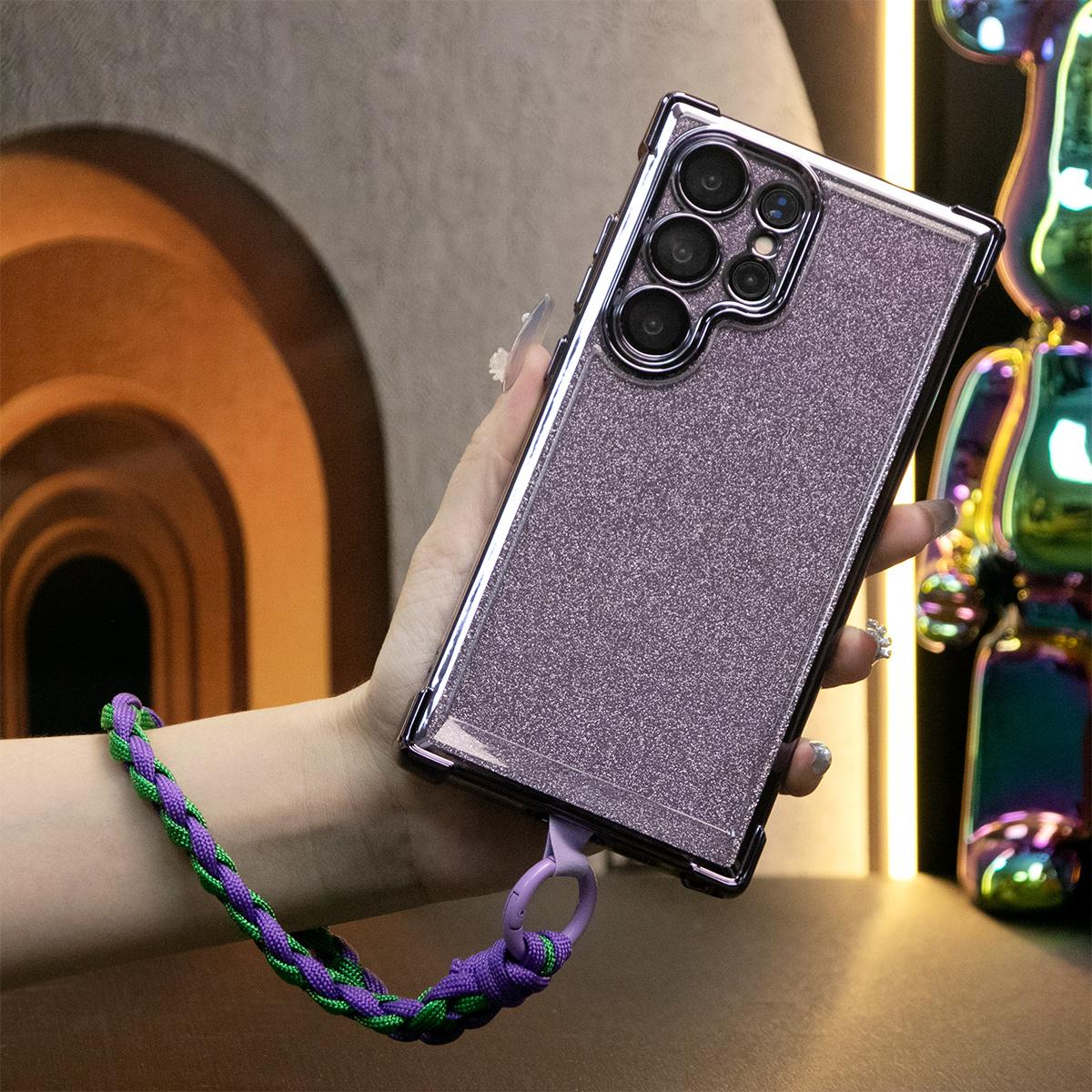 Luxury Glitter Plating Four Corners Shockproof Clear Case With Woven Wristband For Samsung S25 S24 S23 S22 S21 Note20 Transparent Hard Acrylic Hybrid Bumper Armor Cover