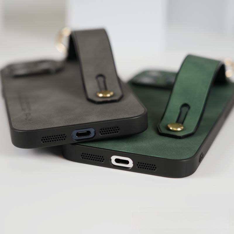 For iPhone 16ProMax 16 15 14 13 12 Case With Wristband, Matte Durable Faux Leather Kickstand Shockproof Phone Case