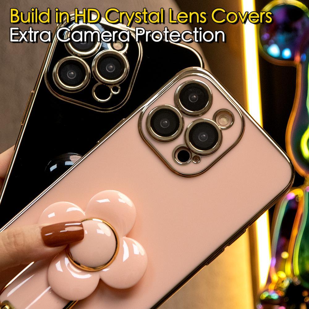 For iPhone 16 15 14 13 12 Pro Max Phone Case, Windmill Kickstand with Bracelet, Plating Electroplate Luxury Elegant Case Camera Protector Pop Stand Shockproof Soft Cover