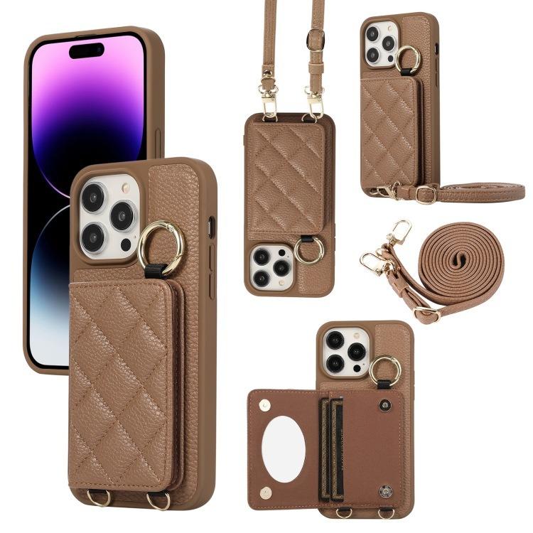For iPhone 16ProMax 16 15 14 13 12 11 Leather Phone Case with Double Folding Wallet Lanyard, Anti-Fall Card Slot Mirror Ring Kickstand Shockproof Business Hard Full Cover