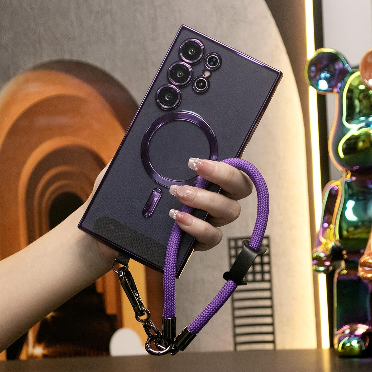 Plating Magnetic Wireless Charge Transparent Soft Phone Case With Multifunctional Climbing Rope For Samsung A14 A15 A16 A24 A25 A26 A34 A35 A36 A54 A55 A56 A05 A05S A06