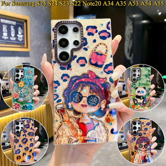 For Samsung S25 S24 S23 S22 A34 A35 A53 A54 A55 Note20Ultra Phone Case, Luxury Panda Leopard Rainbow Butterfly Elephant Oil Painting Metal Camera Frame Anti-drop Hard Shockproof Full Cover