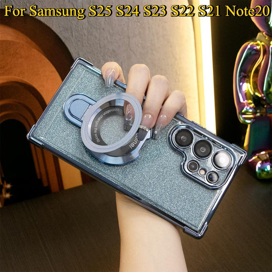 Luxury Glitter Plating Four Corners Shockproof Clear Case With Magnetic Stand For Samsung S25 S24 S23 S22 S21 Note20 Transparent Hard Acrylic Hybrid Bumper Armor Cover