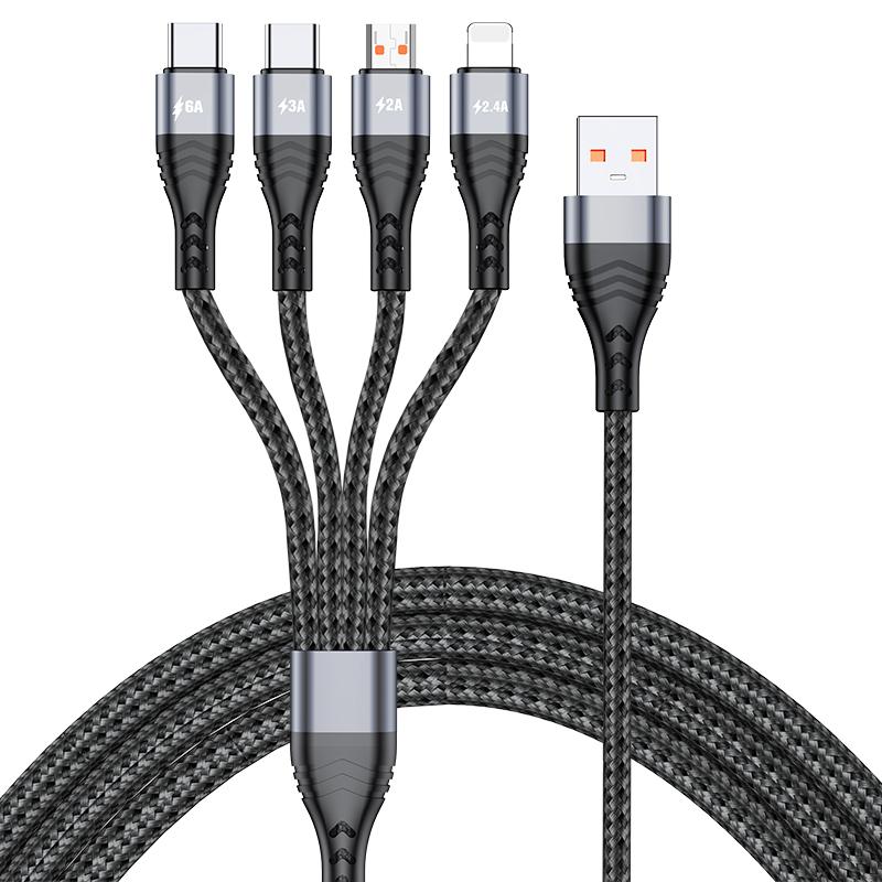 1.2m/2m 6A 4in1 One Drag Four Fast Filling Line Cable Aluminum Alloy + Two-color Braided Thread Fast Charging IP Type-C Android Universal