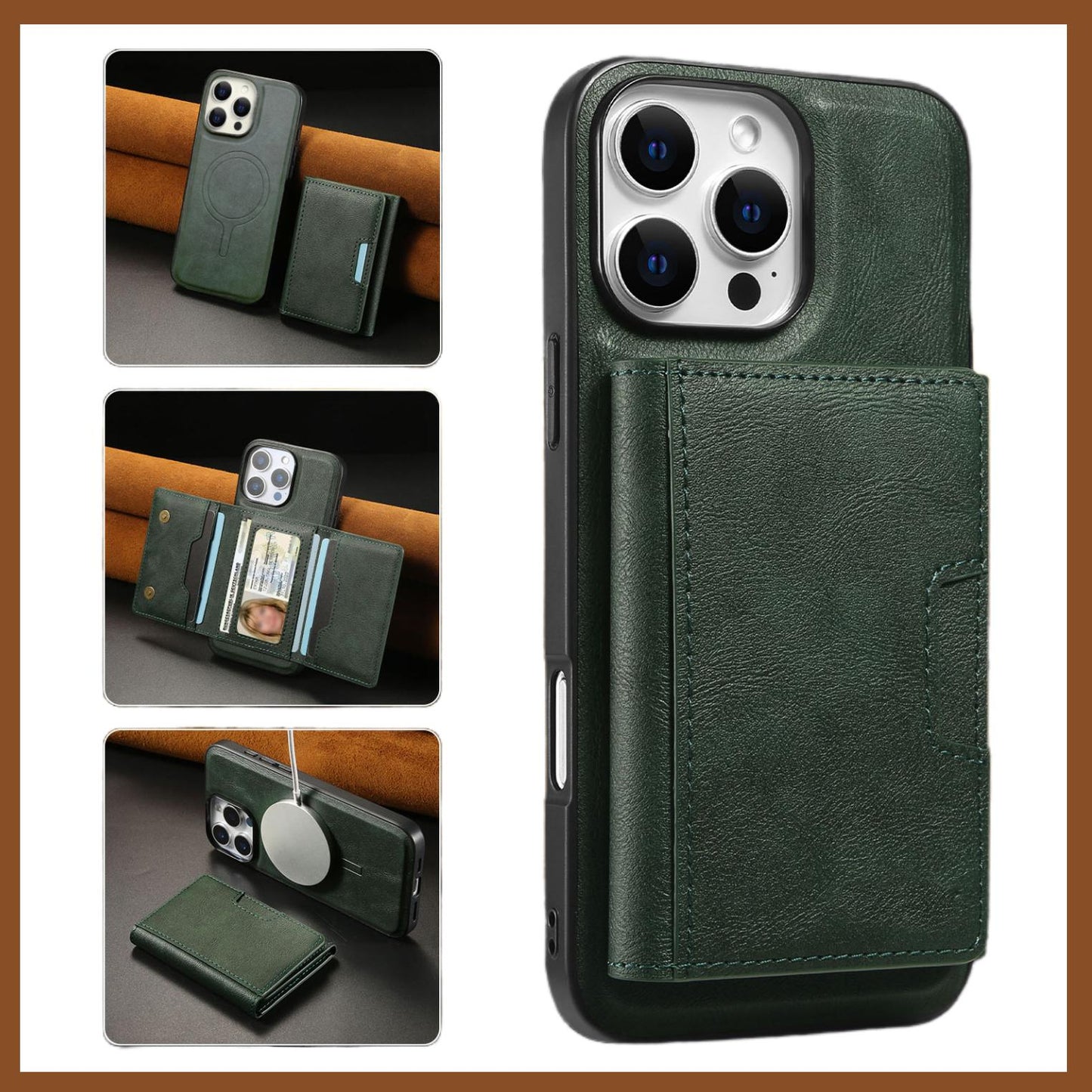 For iPhone 16ProMax 16 15 14 13 12 Leather Phone Case with Strong Magnetic Triple Fold Wallet, Anti-Fall Card Bag Kickstand for Magsafe Shockproof Business Hard Full Cover
