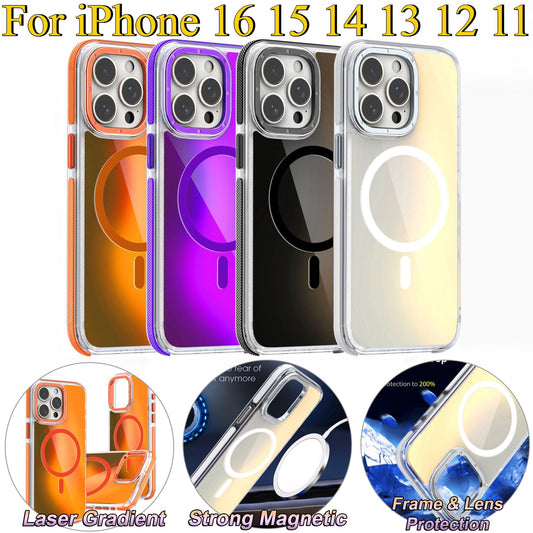 Laser Gradient Chameleon Strong Magnetic For Magsafe Wireless Charging Phone Case For iPhone 16 15 14 13 12 11 Pro Max Plus Metal Frame TPU Acrylic Shockproof Hard Full Cover