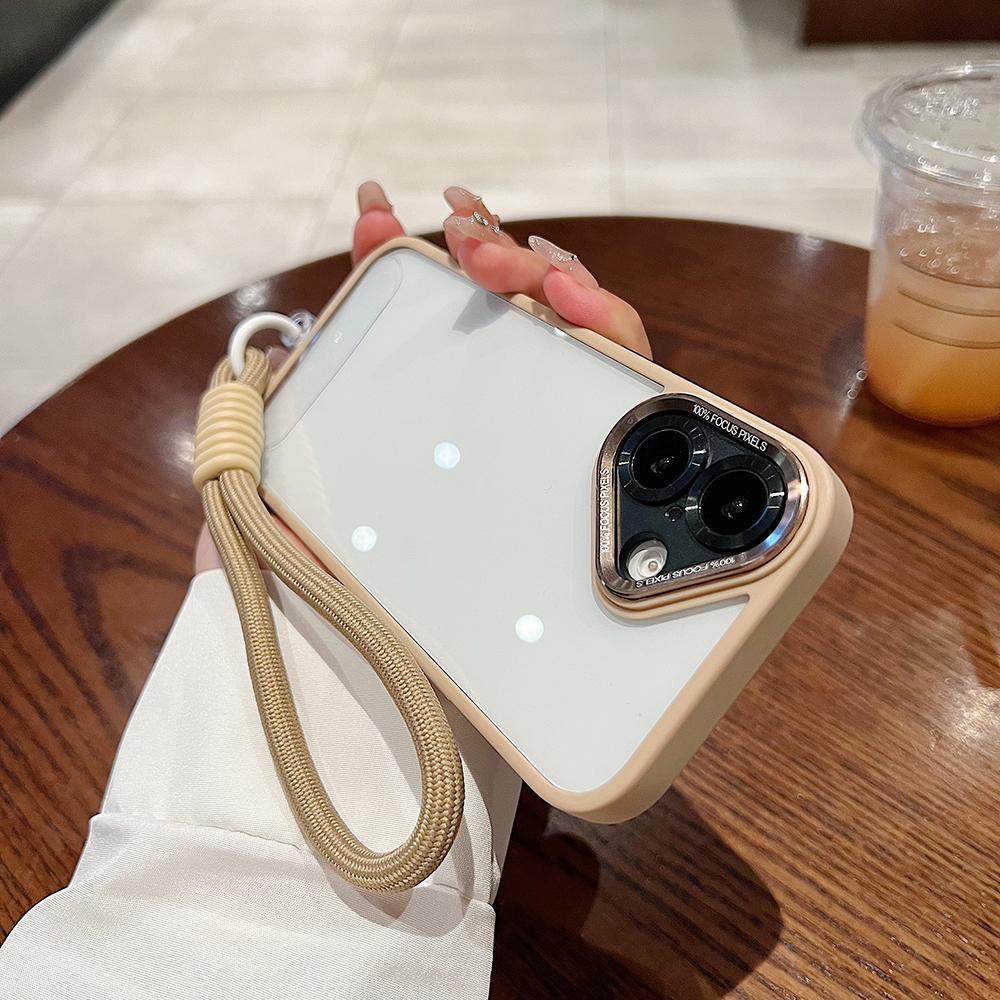 Colorful Crystal High Definition Clear Phone Case with Woven Wristband For iPhone 16ProMax 16 15 14 13 12 11 Pro Max Plus Transparent HD Len Protection Hard Full Cover