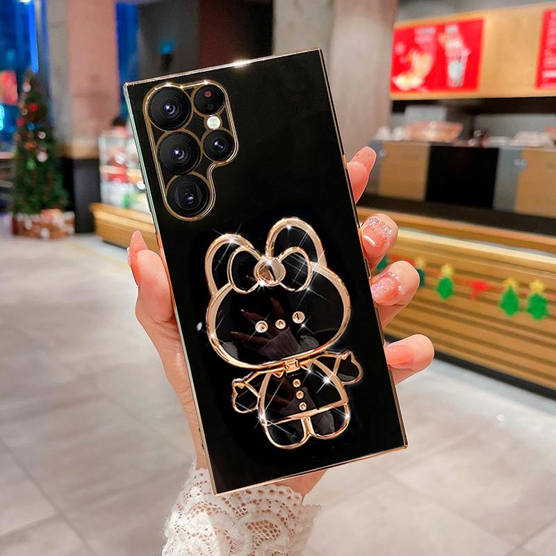 Cute Rabbit Mirror Stand Plating Phone Case for Samsung S25Ultra S25Plus S25 S24Ultra S24Plus S24 S24FE
