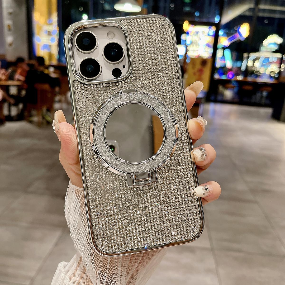 Bling Rhinestone Plating Diamonds Magnetic Wireless Charging Phone Case With Luxury Glitter Mirror Magnetic Kickstand For Samsung S24 S23 S22 Shockproof Protection Soft Bumper Cover
