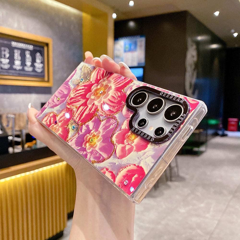 For Samsung S25 S24 S23 S22 A35 A36 A26 A54 A55 A56 Phone Case, Flower Rainbow Butterfly Rose, Oil Painting Camera Frame Anti-drop Hard Shockproof Full Cover