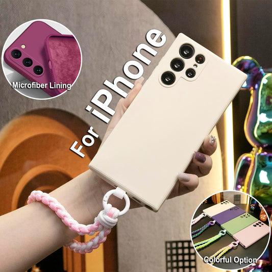 Silicone Matte Phone Case with Woven Wristband For iPhone 16 15 14 13 12 11 XR XSMax X/XS Camera Protect Soft Cover