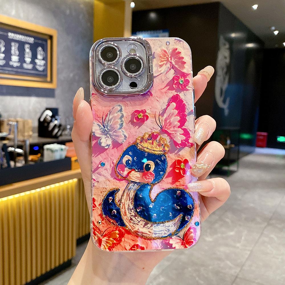 For iPhone 16ProMax 16 15 14 13 12 11 Phone Case with Diamond Camera Kickstand, Dolphin Whale Panda Elephant Snake Animal, Oil Painting Camera Frame Anti-drop Hard Shockproof Full Cover