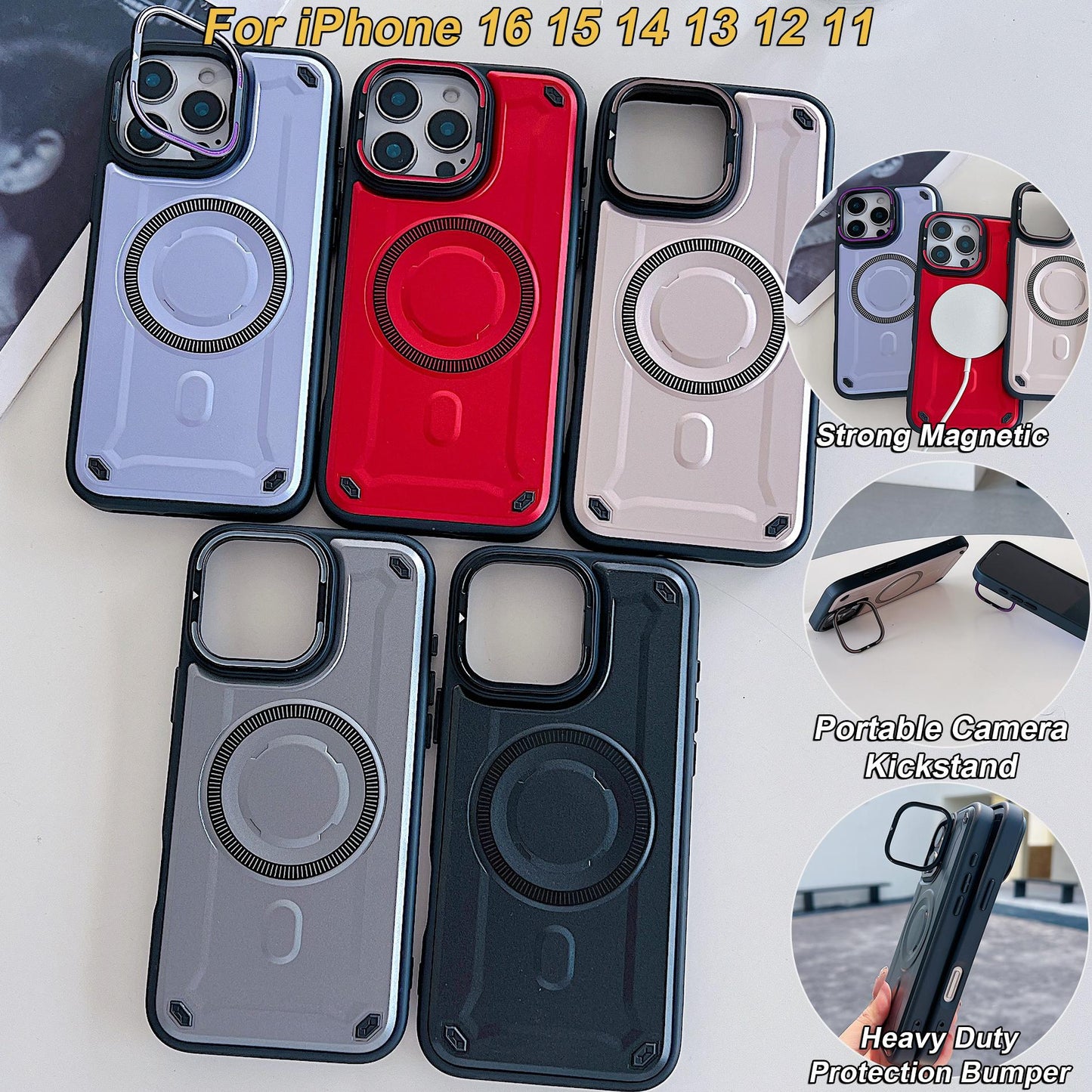 Anti-Dust Anti-Fall Heavy Duty Protection Shockproof Strong Magnetic Phone Case With Camera Kickstand for iPhone 16ProMax 16 15 14 13 12 11 Bumper Matte Hard Cover