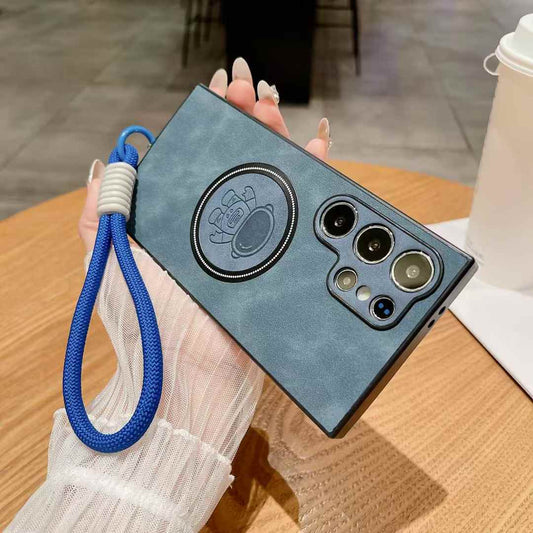For Samsung S25Ultra S25Edge S24 S23 S22 S21 Note20 Case With Weave Wristband, Astronaut Pattern Matte Suede Leather Magnetic Shockproof Anti-Slip Hard Phone Case