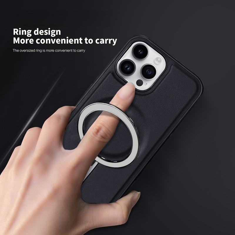Luxury Full Leather Glossy Kickstand Phone Case For Magsafe For iPhone 16ProMax 16 15 14 13 12 11 Metal Ring Magnetic Metal Holder Shockproof Stand Back Cover