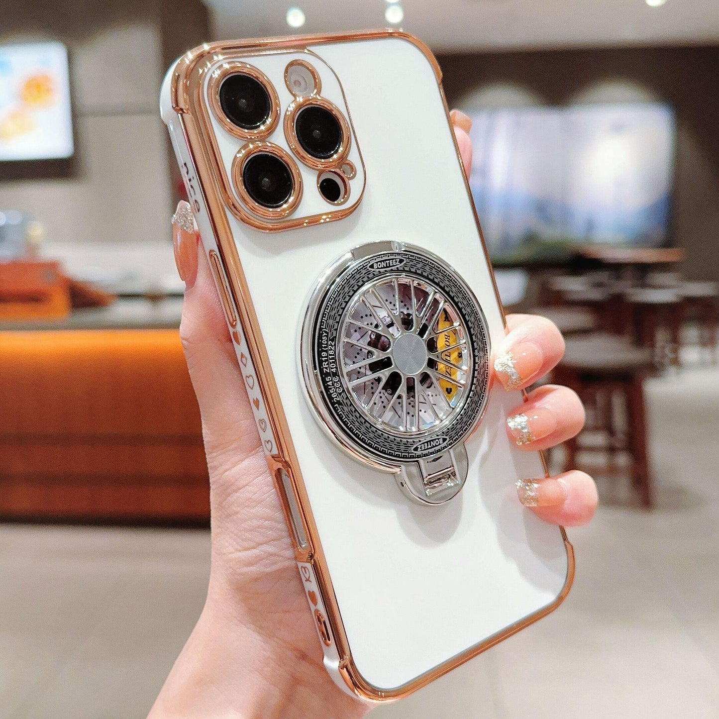 Plating Love Heart TPU Phone Case with Metal Magnetic Gyro Rotating Kickstand For iPhone 16ProMax 15 14 13 12 Shockproof Support Wireless Charging Soft Full Cover