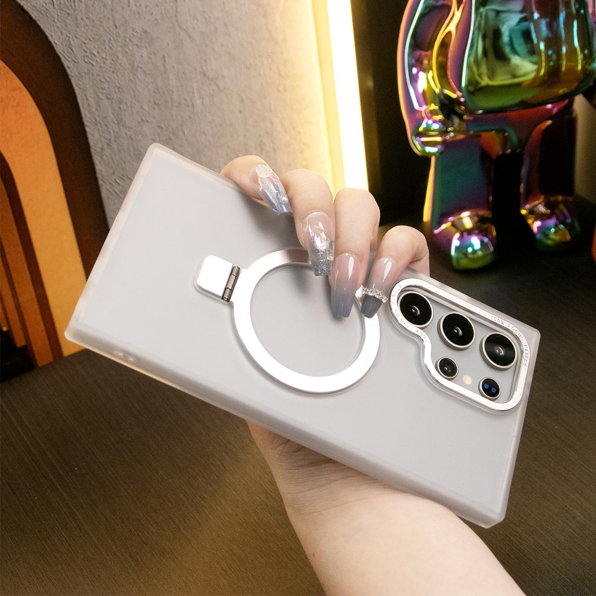 For Samsung S25Ultra S25 S24Ultra S24 S23Ultra S23 Plus Phone Case, Clear Matte Acrylic Strong Magnetic Metal Frame Kickstand [Not Yellowing] Shockproof Hard Full Cover