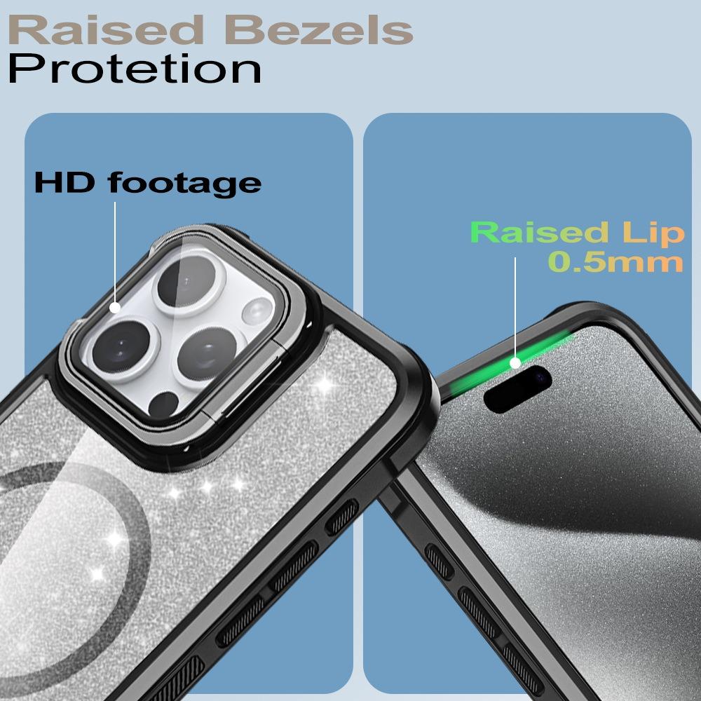 For iPhone 16ProMax 16 15 14 13 12 11 Strong Magnetic Phone Case, Glass Camera Kickstand Protection, Glitter Clear Acrylic Four Corner Shockproof Bumper Hand Feel Hard Full Cover