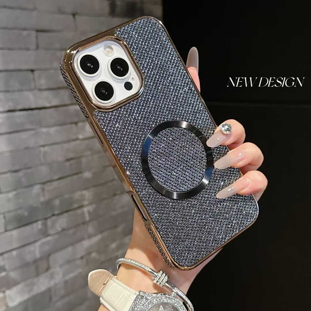 For iPhone 16ProMax 16 15 14 13 12 11 Phone Case, Luxury Slim Glitter Magnetic Pattern Plating Matte Leather Len Protection Shockproof Hard Full Cover