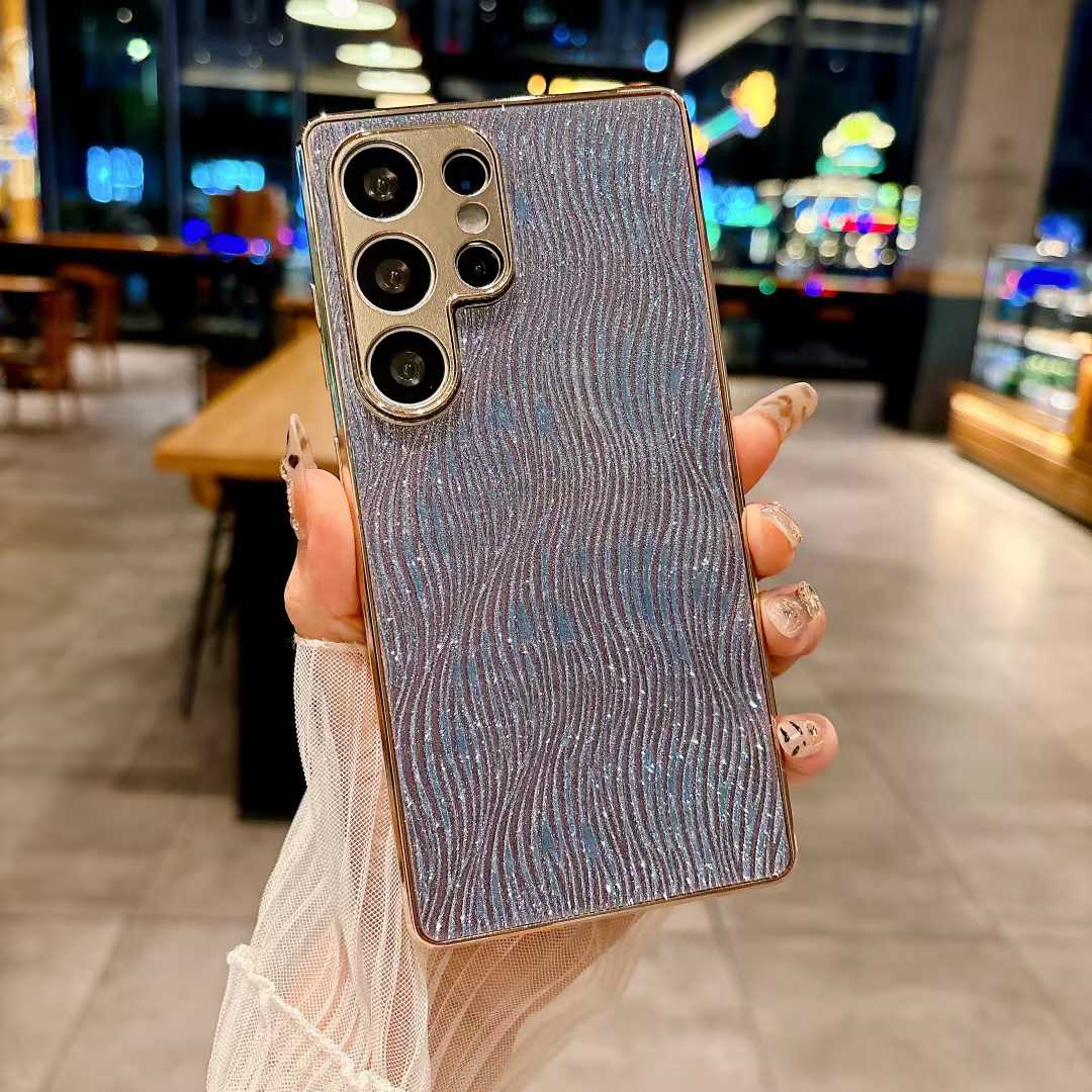 For Samsung S25Ultra S25Edge S25 S24 S23 Phone Case, Luxury Glitter Slim Water Ripple Pattern Plating Matte Leather Len Protection Shockproof Hard Full Cover