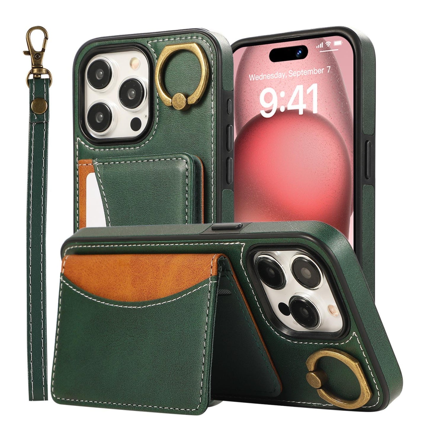 For iPhone 16ProMax 16 15 14 13 12 Leather Phone Case with Double Folding Wallet Wristband, Anti-Fall Card Slot Kickstand Shockproof Business Hard Full Cover
