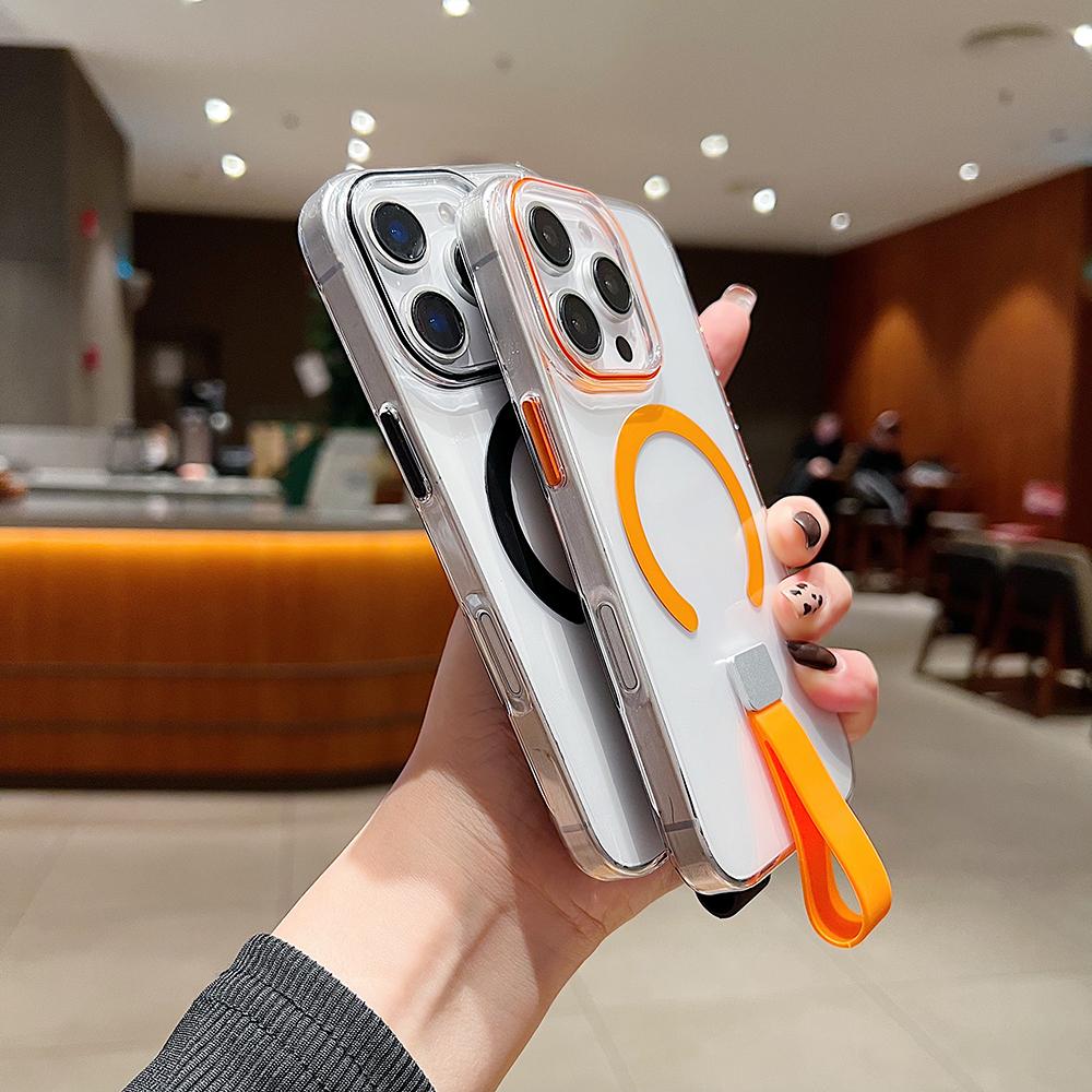Colorful Crystal High Definition Clear C Pattern Magnetic Phone Case with Silicone Wristband For iPhone 16ProMax 16 15 14 13 Pro Max Plus Transparent HD Len Protection Hard Full Cover