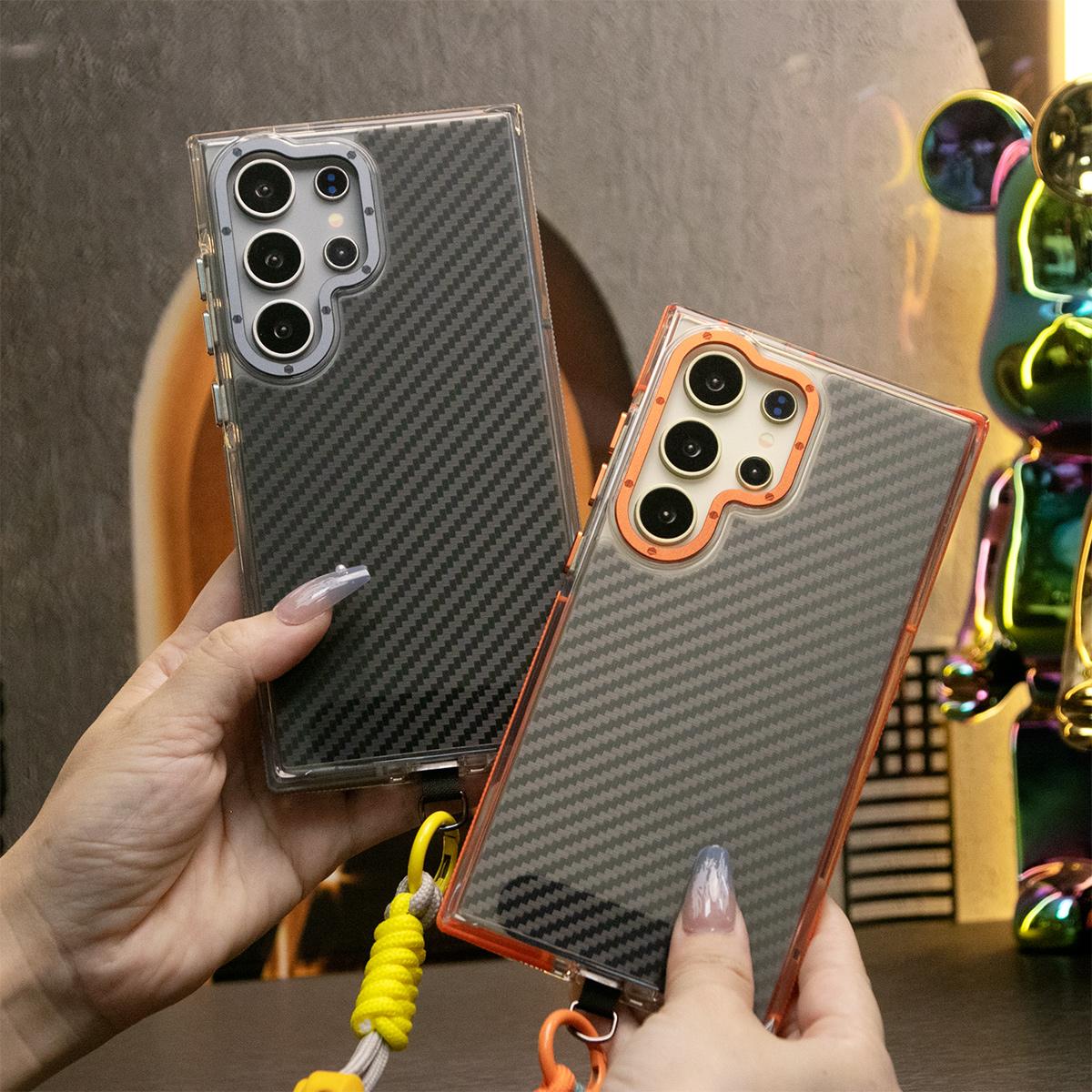 Two-tone Carbon Fiber Pattern Phone Case, Metal Hardware Camera Protective Acrylic Cover, With Adjustable Woven Strap, Shockproof Anti-Fall Bumper For iPhone 16 15 14 13 12 11