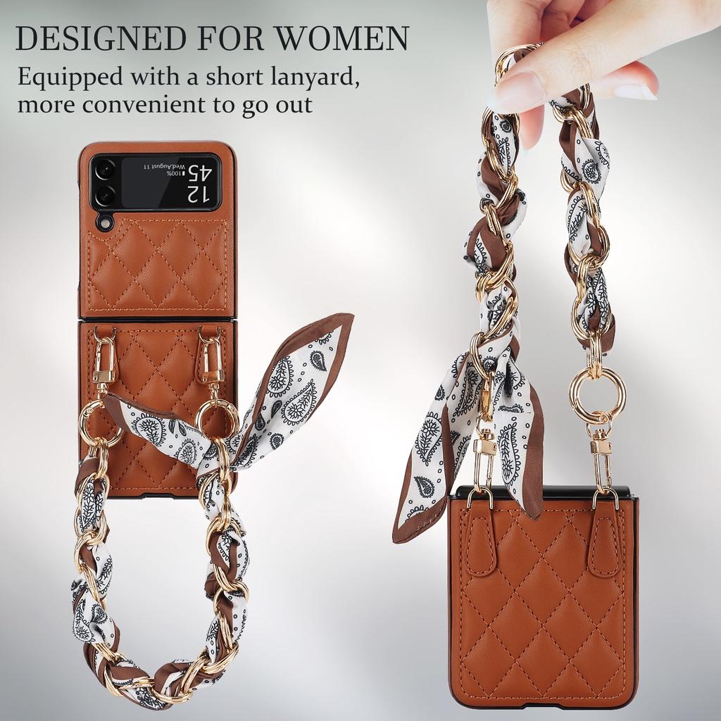 Luxury Silk Scarf Chian Leather Case For Samsung Galaxy Z Flip 6 Flip 5 Flip 4 Flip3 5G Luxury Crossbody Strap Smart Phone Cover