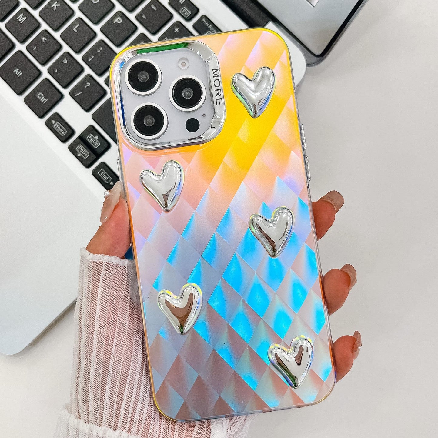 For iPhone 16ProMax 16 15 14 13 Phone Case, Electroplating Laser Love Heart Pattern Acrylic Slim, Camera Protection Non-Yellowing Hard Cover