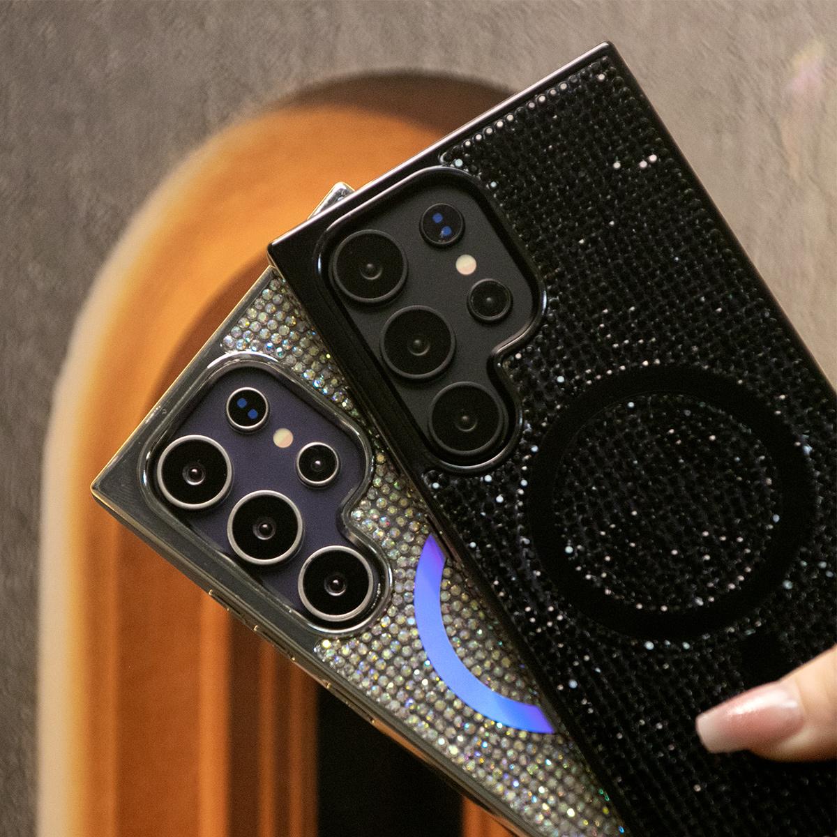 Luxury Glitter Rhinestone Plating Diamonds Magnetic Wireless Charging Phone Case With Rhinestone Wristband For Samsung S25 S24 S23 Shockproof Protection Soft Bumper Cover