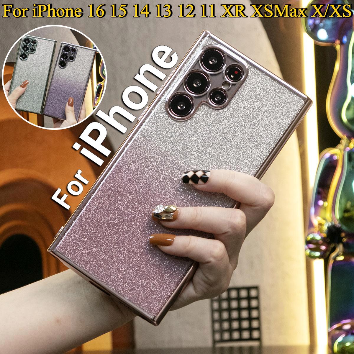 Glitter Transparent Gradient Plating Basic Phone Case For iPhone 16 15 14 13 12 11 XR XSMax X/XS Soft TPU Back Cover