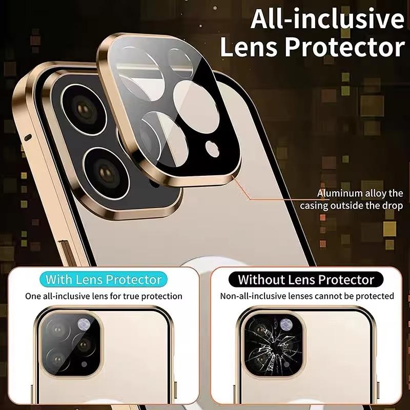 360 Full Protection Metal Magnetic Double Sided Phone Case For iPhone 16 15 14 13 12 Pro Max Plus For Magsafe Case Glass Magnetic Ring For Wireless Charging Snap Lock Full Cover