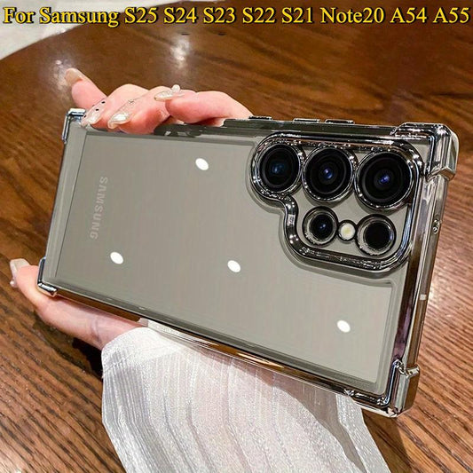 Electroplated Four Corners Anti-fall Transparent Hard PC Phone Case For Samsung S25 S24 S23 S22 S21 Note20 A54 A55, Full Cover with Camera Protector