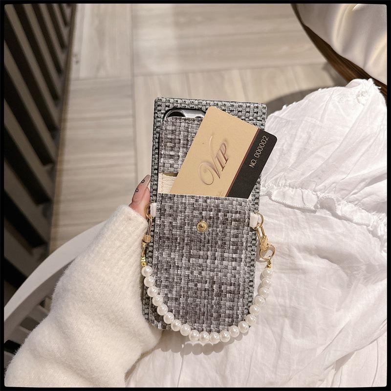 For Samsung S25Ultra S24 S23 S22 Case With Pearl Wristband, Gradient Woven Pattern Fabrics Wallet Shockproof Card Slot Hard Full Cover