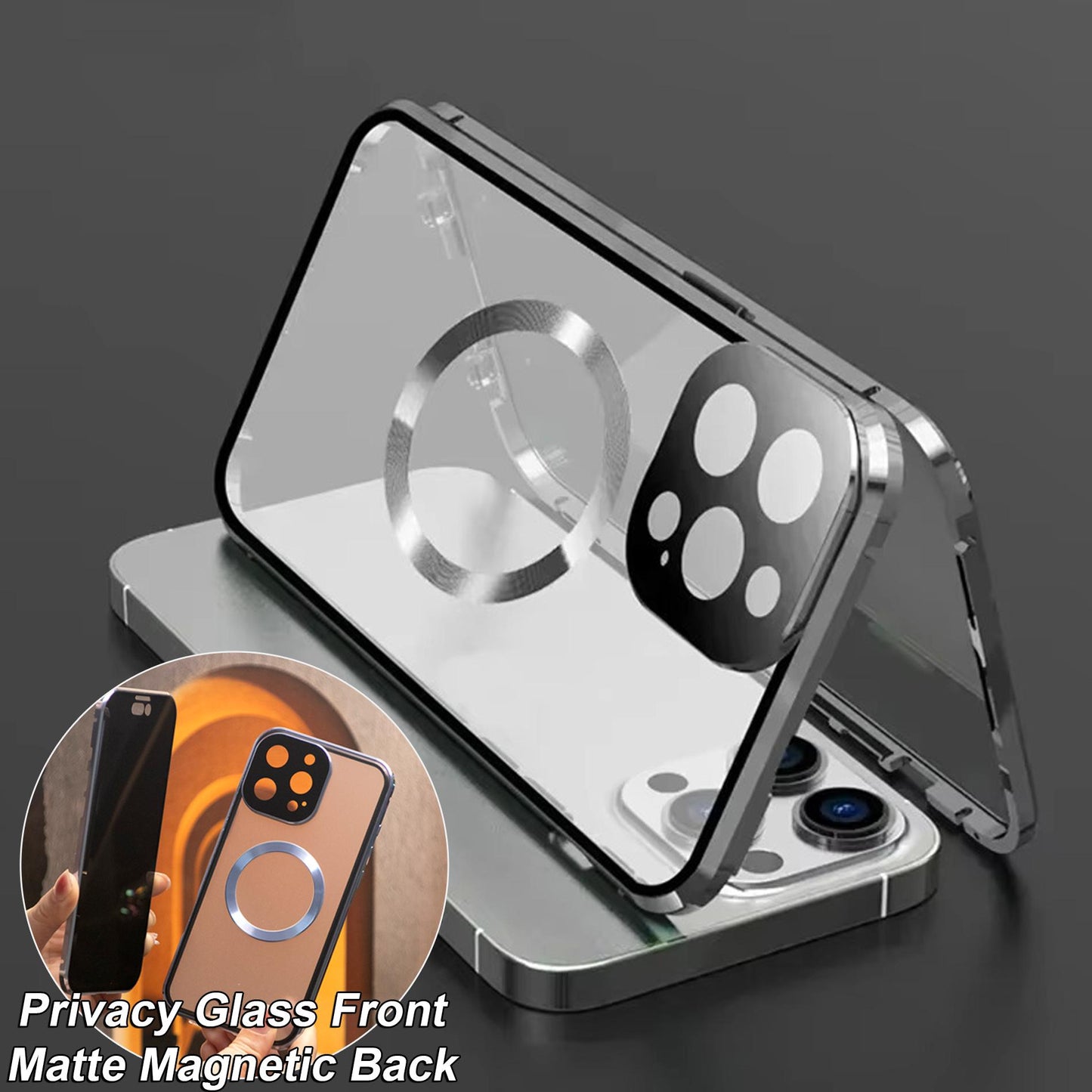 Anti Peeping Magnetic Double Sided Full Cover Privacy Metal Bumper Glass Case for iPhone 16ProMax 16 15 14 13 Pro Max 12 Antispy Magnetic Ring Support Wireless Charging Back Cover
