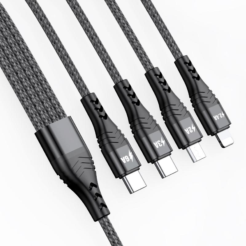 1.2m/2m 6A 4in1 One Drag Four Fast Filling Line Cable Aluminum Alloy + Two-color Braided Thread Fast Charging IP Type-C Android Universal