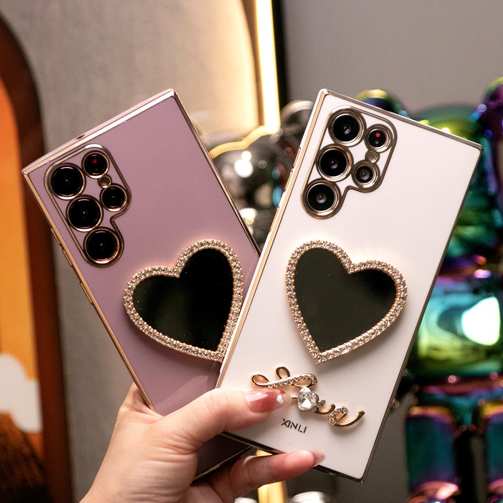 Love Heart Mirror Plating Phone Case For Samsung S25 S24 S23 S22 S21 Note20