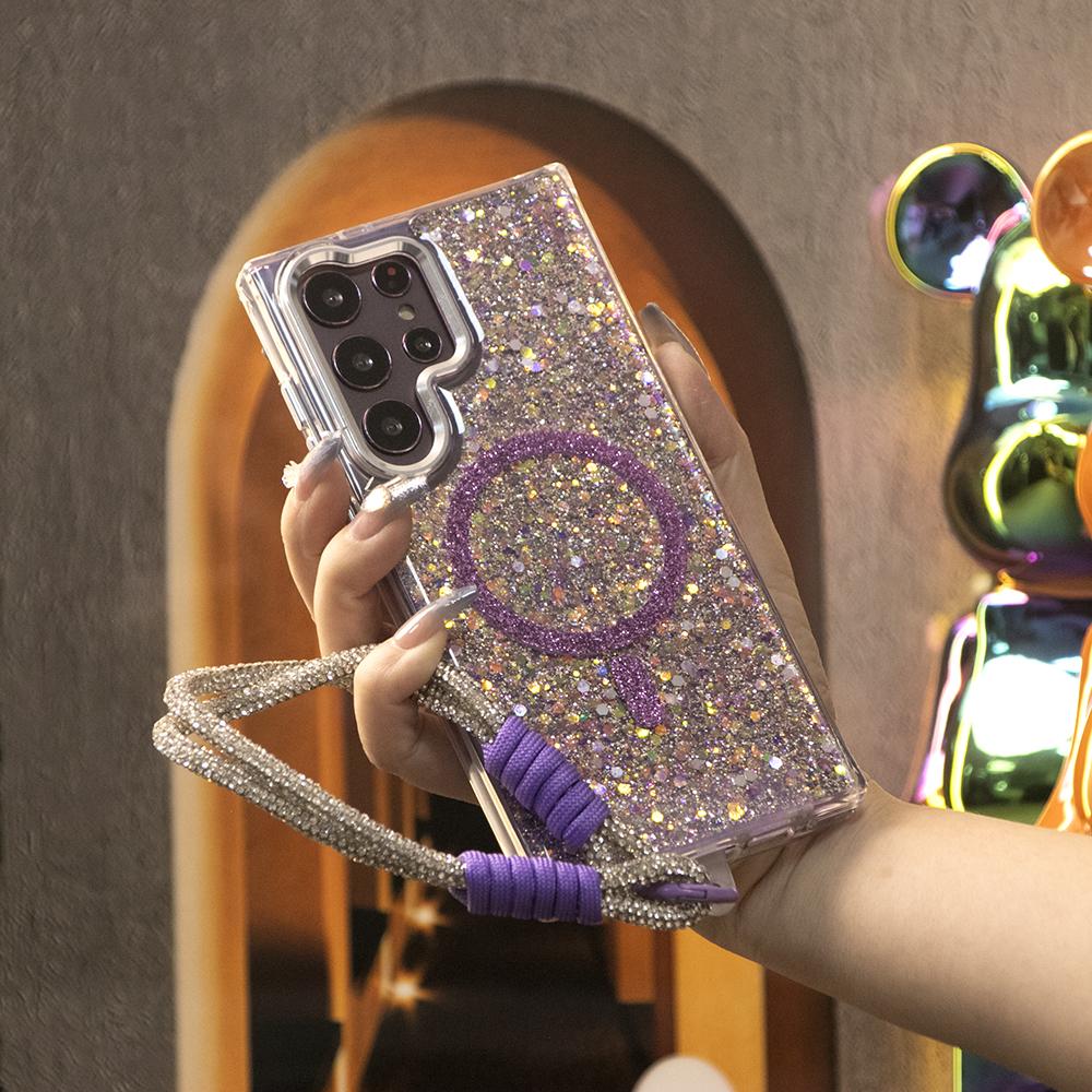 Glitter Glitter Transparent Strong Magnetic Phone Case With Weave Diamond Wristband For Samsung S25Ultra S24 S23 A14 A15 A16 A24 A25 A34 A35 A54 A55 Metal Frame Shockproof Acrylic Hard Cover