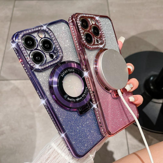 Glitter Gradient Plating Rhinestone TPU Phone Case with Kickstand For iPhone 16ProMax 15 14 13 12 11 Shockproof Soft Full Cover