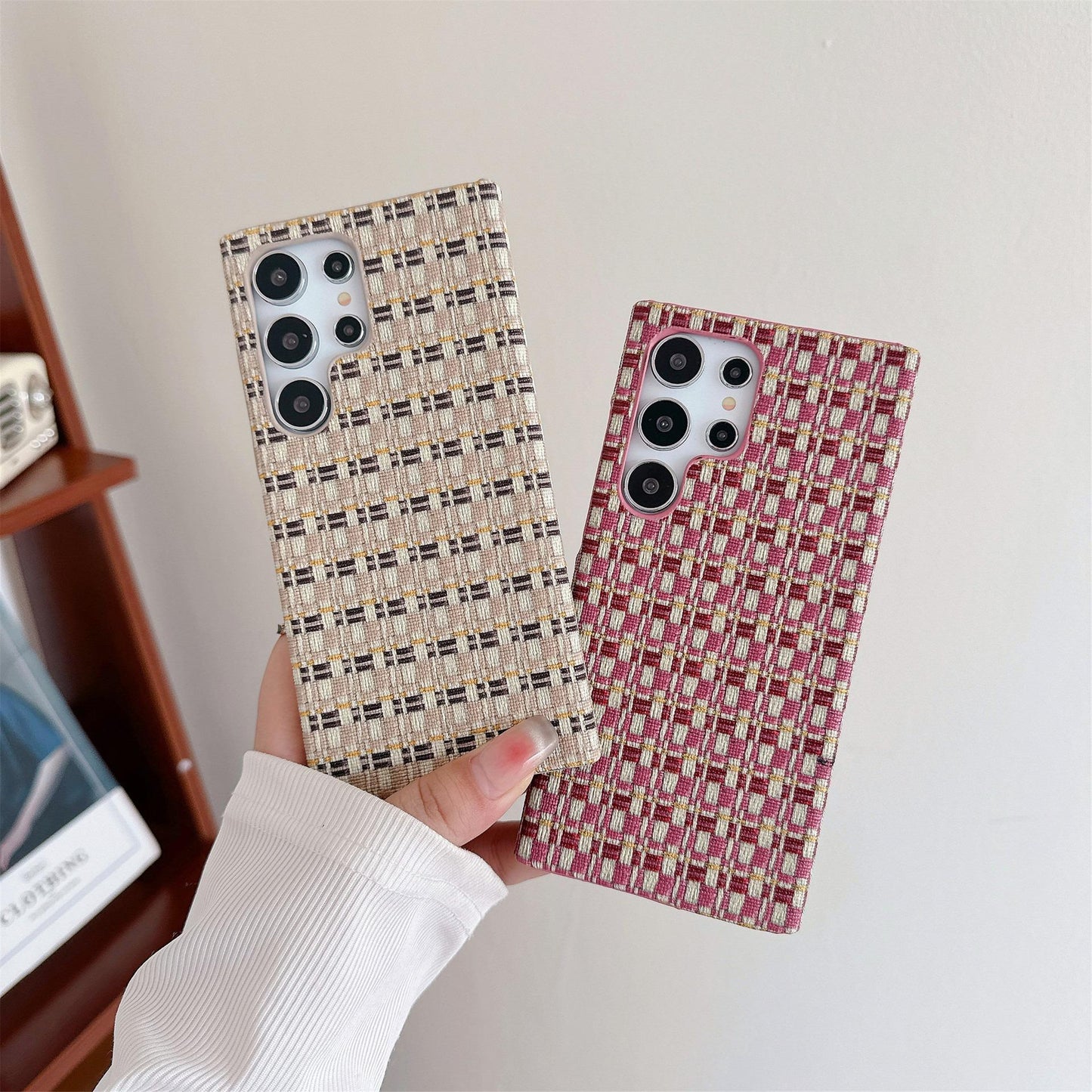 For Samsung S25Ultra S24 S23 S22 Phone Case, Simple Gradient Grid Mosaic Woven Pattern Fabrics Shockproof Hard Full Cover
