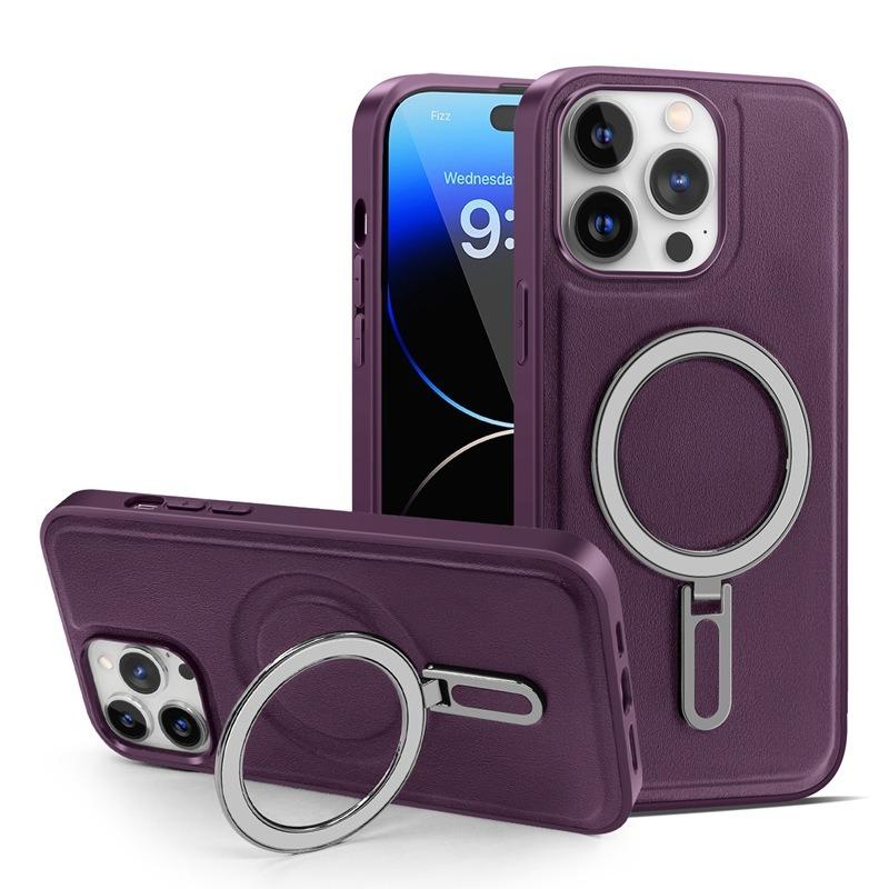 Luxury Full Leather Glossy Kickstand Phone Case For Magsafe For iPhone 16ProMax 16 15 14 13 12 11 Metal Ring Magnetic Metal Holder Shockproof Stand Back Cover