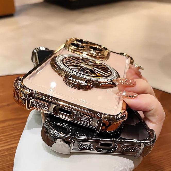 Glitter Plating Acrylic with Len Protector Phone Case with Metal Magnetic Gyro Rotating Kickstand For iPhone 16ProMax 15 14 13 12 Four Corner Shockproof Hard Full Cover